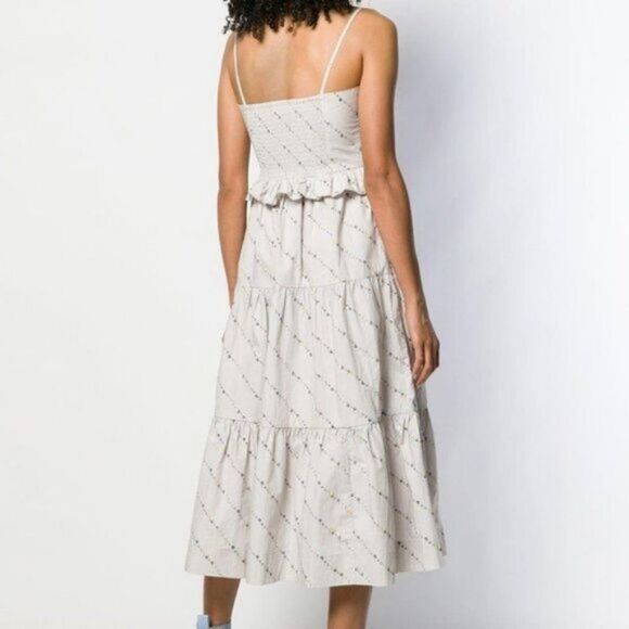 Ganni Gray Floral‎ Print Ruffle Poplin Tiered A-line Pocket Midi Sundress L - Picture 2 of 11